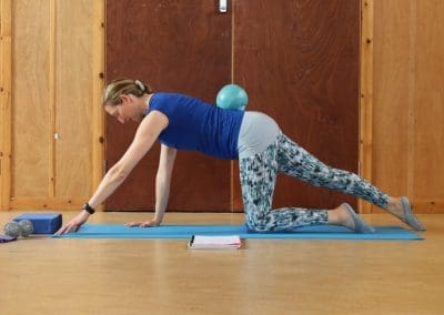 a woman engaged in a Lucy Purrier Physio Pilates exercise in a spacious hall. The woman, wearing a blue Pilates shirt and patterned leggings, is positioned on all fours on a blue mat, extending one leg behind her and reaching forward with the opposite arm, enhancing her balance and core stability. A small blue exercise ball is placed under her lower back, adding an extra challenge to her stability. Nearby, a foam roller and a notebook are visible on the mat, indicating a well-planned session. The wooden doors in the background give a rustic feel to the indoor setting.